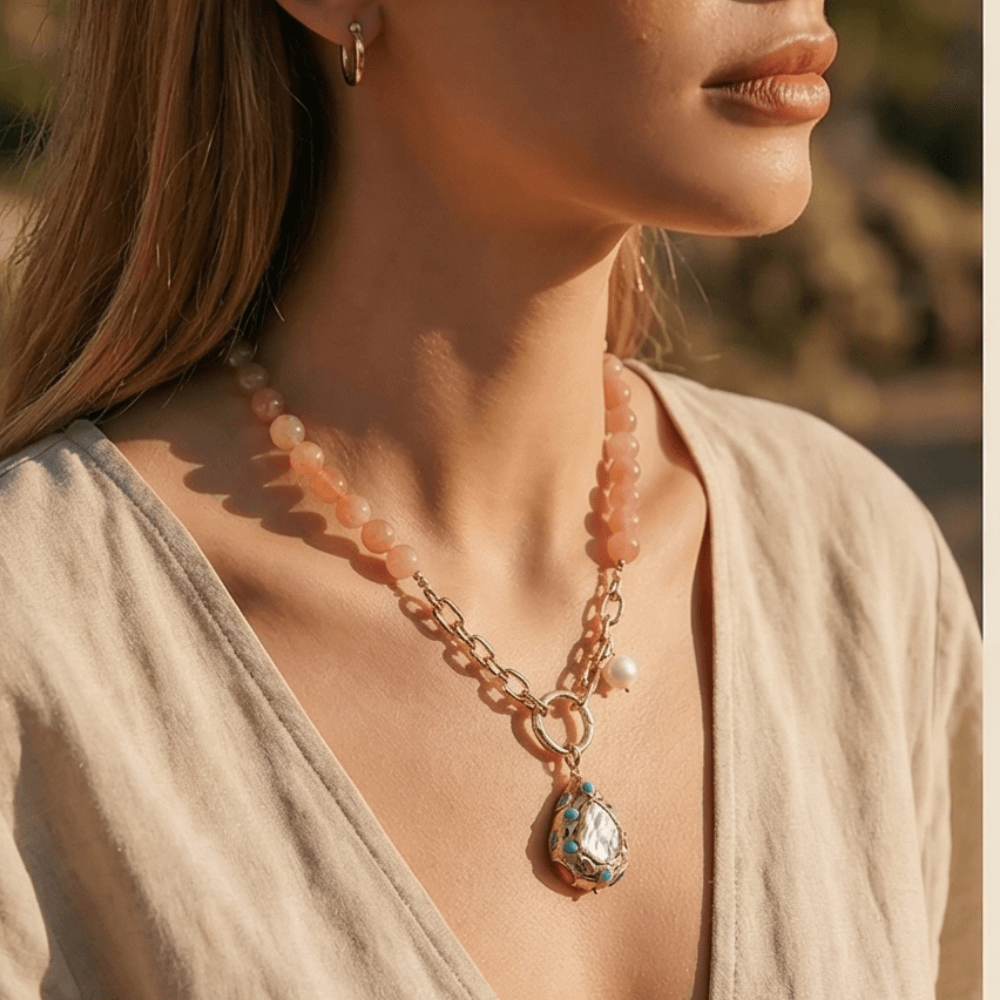 Natural dusty rose angelite statement pendant necklace with angelite stone beads and gold chain pendant